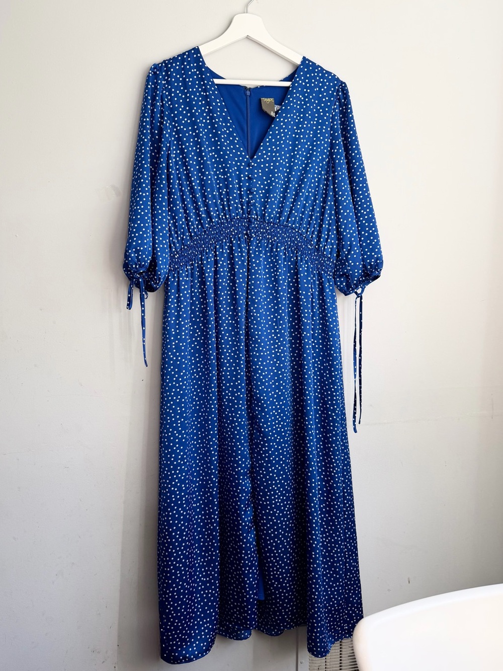 Taylor Plus Size 16 Royal Blue White Polka Dot Smocked Waist Maxi Dress